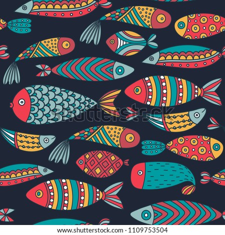 Seamless pattern with fishes. Hand drawn undersea world. Colorful artistic background. Aquarium. Can be used for wallpaper, textiles, wrapping, card, cover. Vector illustration, eps10