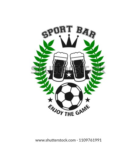 Sport bar beer pints and soccer ball icon for live football game match or championship pub. Vector isolated victory crown, champion winner stars and laurel for sport bar design