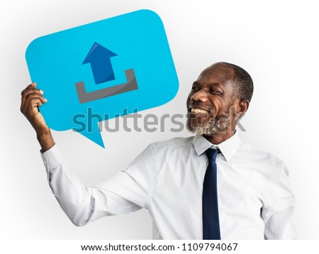 Happy man holding upload symbol
