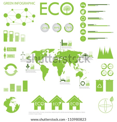 Green ecology info graphics collection, charts, world map, graphic vector elements