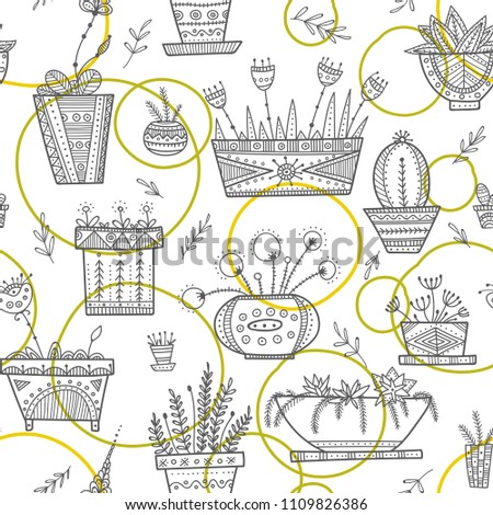 Flower pots and house plants seamless pattern in ethnic ornate boho style. Can be printed and used as wrapping paper, home decoration, wallpaper, textile, fabric, etc.