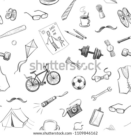 Vector Seamless Father's Day Background. Hand drawings of male accessories on a white background
