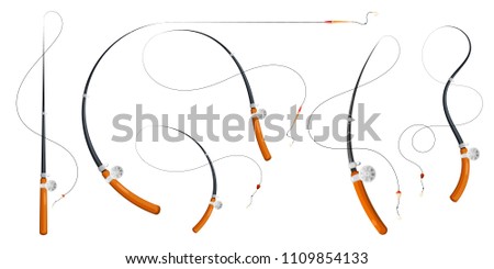 Set Fishing rod with fishing line, reel, hook and float. Cartoon style. Fishing equipment. Subject to recreational sports. Stock vector illustration