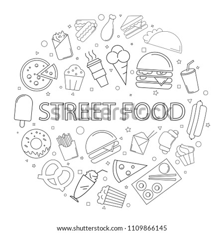 Street food background from line icon. Linear vector pattern