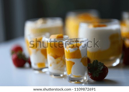 Delicious Mango cream pudding on table