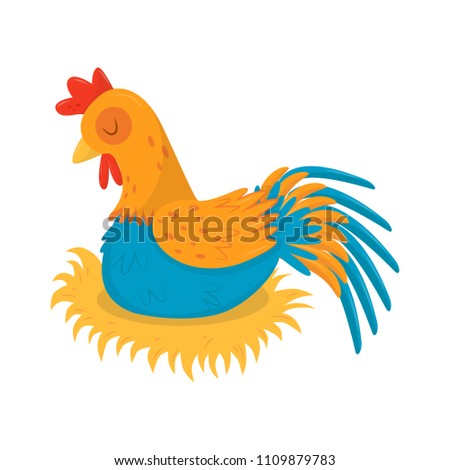 Farm rooster sleeping in his nest. Male domestic fowl with bright blue-orange feathers and red scallop. Flat vector icon