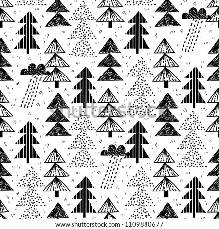 Childish seamless woodland pattern. Perfect for kids apparel, fabric, textile, nursery decoration, wrapping paper. Scandinavian style. Black and white.