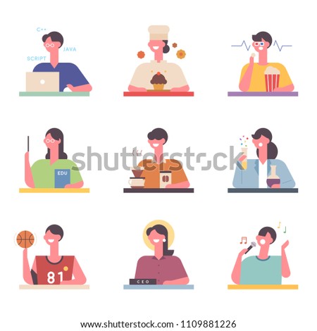 Various career and hobby life hope characters in the future. flat design style vector graphic illustration set
