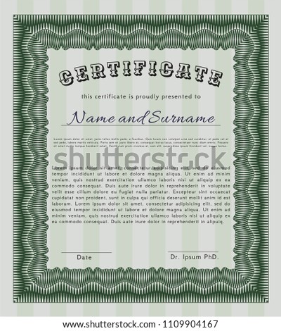 Green Sample Certificate. Superior design. With complex background. Detailed. 