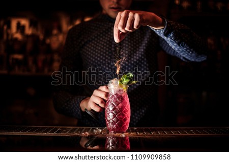 Bartender adding spices into the fresh and sweet strawberry mojito summer cocktail on the dark background Royalty-Free Stock Photo #1109909858