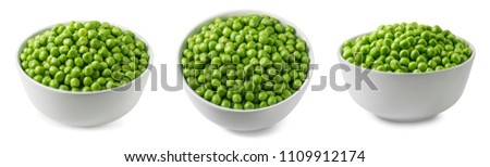 Green peas in white bowl set. Top and side view for package design with clipping path Royalty-Free Stock Photo #1109912174