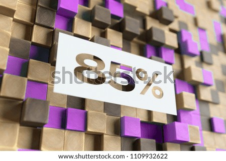 White Papercut 85% Symbol on the Wood Pattern With Violet Dots on Background. 3D Illustration of 85% Symbol Sale, Eighty-Five Percent Off Symbol for Wallpapers and Nature Backgrounds.