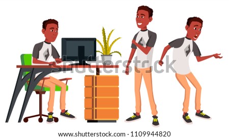 Office Worker Vector. Emotions. Lifestyle. Black. African. Business Person. Poses. Front, Side View. Career. Modern Employee, Workman. Isolated Flat Cartoon Character Illustration