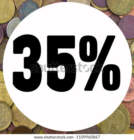 35% Percent and discount theme. Worlds golden silver and bronze coins. 