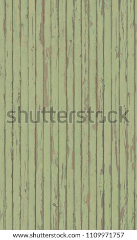 A fragment of a natural old wooden fence, painted with green paint . Presented close-up.
