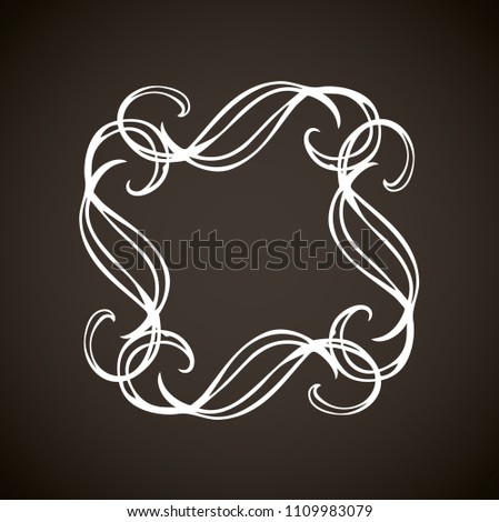 Old cute romantic book ribbon bow swirly tag swoosh element isolated on dark black board backdrop. Freehand white chalk outline drawn curly logo sketchy in artistic rustic curlicue scrawl style