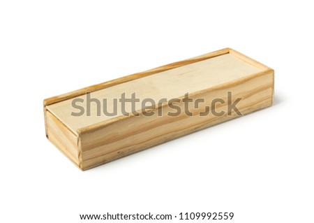 Wooden pencil case with retractable lid isolated on white