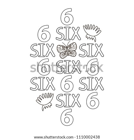 Numeral and word six, butterfly, flowers. Coloring page. Vector illustration