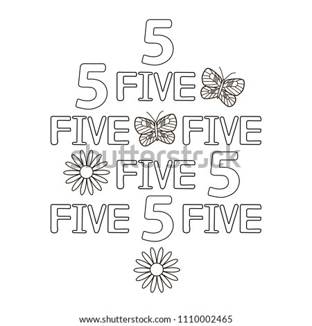 Numeral and word five, butterfly, flowers. Coloring page. Vector illustration