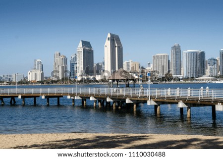 San Diego Skyline and landing stage seen from Coronado, CA, USA