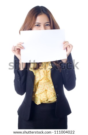 Business woman holding blank white paper over her mouth Isolated on white background.
