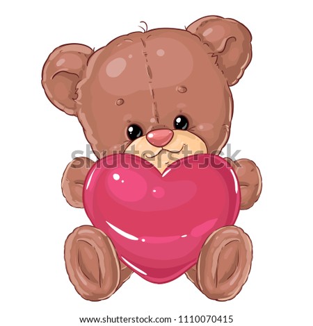 Cute little teddy bear with big pink heart. Greeting card. Valentine's day.