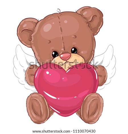 Cute little teddy bear angel with big pink heart. Greeting card. Valentine's day.