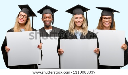 Education concept, university graduate woman and man group holding blank advertising banner, good poster for ad, offer or announcement, big paper billboard