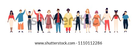 Smiling men and women holding hands. Happy people standing in row together. Happiness and friendship. Flat male and female cartoon characters isolated on white background. Colored vector illustration