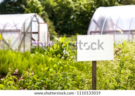 A blank white sign sits in the foreground in front of summer garden greenhouses in a community garden.