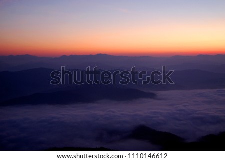 Panoramic views of the green mountains with Sunrise.