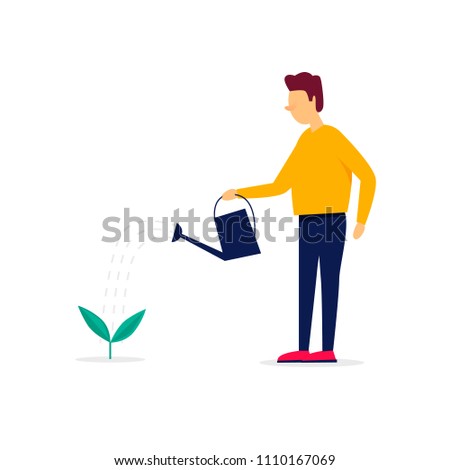 Man watering a plant, business growth,  gardener. Flat style vector illustration.