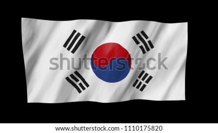 The South Korea flag in 3d, waving in the wind, on black background.
