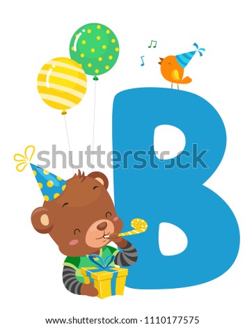 Illustration of a Brown Bear with a Bird, a Letter B and Birthday Party Balloons, Hat and Gift
