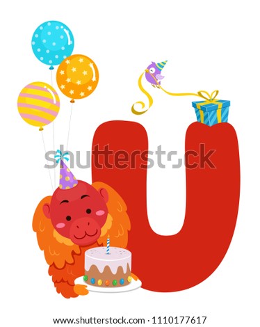 Illustration of a Uakari Holding Birthday Cake with Balloons and Letter U