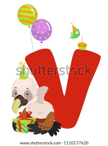 Illustration of a Vulture Bird Holding a Birthday Gift and Balloons with Letter V