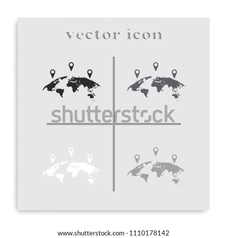 World map with geo location pins flat black and white vector icon.
