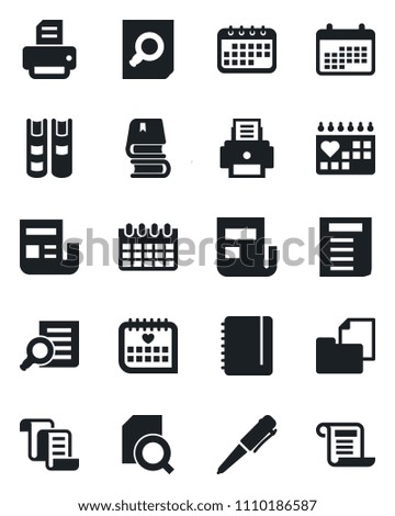 Set of vector isolated black icon - contract vector, document search, pen, notepad, calendar, printer, medical, folder, news, book