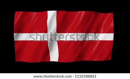 The Danish flag flag in 3d, waving in the wind, on black background.