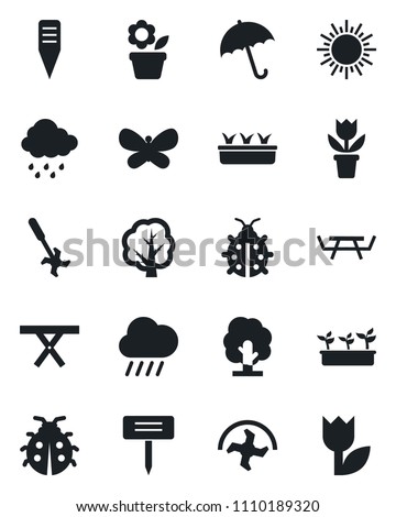 Set of vector isolated black icon - umbrella vector, sun, flower in pot, ripper, tree, butterfly, lady bug, seedling, rain, plant label, picnic table, tulip