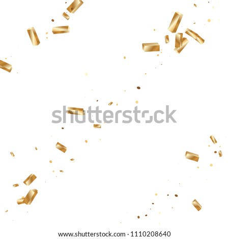  Gold confetti, ribbons. Falling glitter. Bokeh background. Abstract golden anniversary invitation template. Wedding concept card. Flying abstract particles. Explosion celebrate card.