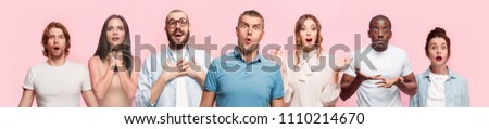 The collage of faces of surprised people on pink backgrounds. Human emotions, facial expression concept. collage of men and women
