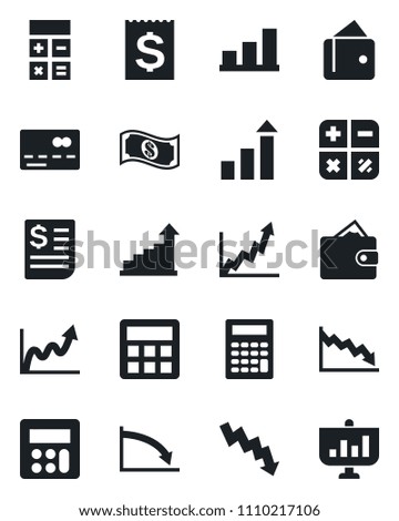 Set of vector isolated black icon - credit card vector, growth statistic, calculator, crisis graph, receipt, bar, wallet, cash, presentation