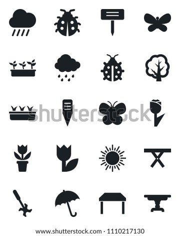 Set of vector isolated black icon - umbrella vector, sun, flower in pot, tree, butterfly, lady bug, seedling, rain, plant label, picnic table, ripper, tulip
