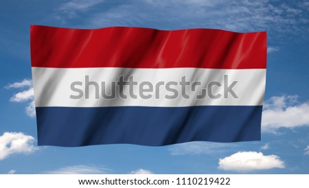 The Dutch flag in 3d, waving in the wind, on sky background.The Dutch flag in 3d, waving in the wind, on sky background.