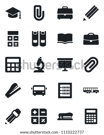 Set of vector isolated black icon - airport bus vector, book, calculator, graduate, presentation board, microscope, case, paper clip, abacus, pencil, stapler