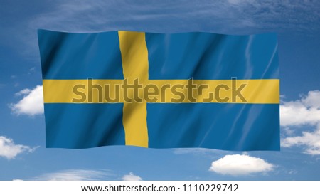 The Swedish flag flag in 3d, waving in the wind, on sky background.