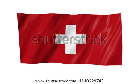 The Swiss flag flag in 3d, waving in the wind, on white background.