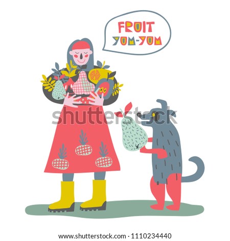 A girl is holding fruits. Girl with a harvest and a dog. Vector illustration. It can used in print, poster, fabric, card, cover, invitation.