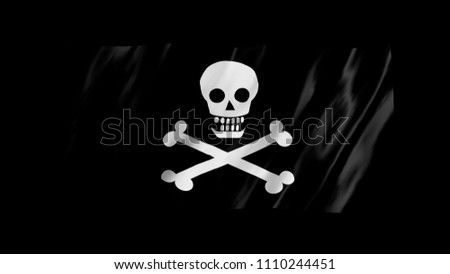 The JollyRoger flag in 3d, waving in the wind, on black background.